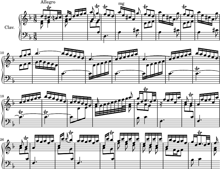 
\version "2.18.2"
\header {
  tagline = ##f
  % composer = "Domenico Scarlatti"
  % opus = "K. 5"
  % meter = "Allegro"
}

%% les petites notes
trillCp     = { \tag #'print { c4.\trill~ } \tag #'midi { \repeat unfold 6 { d32 c~ } } }
trillGp     = { \tag #'print { g4\trill } \tag #'midi { a32 g a g~ g8 } }
trillFq     = { \tag #'print { f8\trill } \tag #'midi { g32 f g f } }
trillFqUp   = { \tag #'print { f'8\trill } \tag #'midi { g32 f g f } }
trillCisqp  = { \tag #'print { cis8.\trill } \tag #'midi { d32 cis d cis~ cis16 } }
trillBesp   = { \tag #'print { bes4\trill } \tag #'midi { c32 bes c bes~ bes8 } }
trillEqp    = { \tag #'print { e8.\trill } \tag #'midi { f32 e f e~ e16 } }

upper = \relative c'' {
  \clef treble 
  \key d \minor
  \time 3/8
  \tempo 4. = 58
  \set Staff.midiInstrument = #"harpsichord"

      s8*0^\markup{Allegro}
      \stemUp d8 \trillCisqp b32 cis | d16[ a] d e f g | << { a8 \trillGp } \\ { \stemUp \shiftOn a,8 g4 } >> | \trillFqUp e8 d | a'16^\markup{mg}[ e cis a] g'8 |  \repeat unfold 2 { \trillFq e8 d | \stemNeutral a'16[ e cis a] g'8 \stemUp } |
      % ms. 10
      f8 g a | bes4.^~ | bes16 a g f e d | c4.^~ | c16 d e f g a | 
      % ms. 15
      c,4.^~ | \repeat unfold 2 { c16 d e f g a | bes a g f e d } | c d c bes a g | << { a16 s16 s8 a'8 } \\ { f,32 g a bes c d e f64 g s8 } >>
      % ms. 22
      << { g16 d \trillEqp d32 e } \\ { bes8 a g } >> r16 \repeat unfold 2 { f'16 e f c a' | c,8 \trillBesp a16 } a' g a f a | c, c' \appoggiatura c32 \trillBesp | a16 a g a f a |
      % ms. 30
      c,16 c' \trillBesp a16 c g c f, c' | e, c' d, c' c, c' | bes, bes' a g a f | g d \trillEqp d32 e | f16
}

lower = \relative c' {
  \clef bass
  \key d \minor
  \time 3/8
  \set Staff.midiInstrument = #"harpsichord"

    % ************************************** \appoggiatura \repeat unfold 2 {  } \times 2/3 { }
      \stemDown \change Staff = "upper" < d f >8 < e g >4 | < f a >8 s4 | f8 e \stemUp \change Staff = "lower" a, | \stemNeutral d,4. | a'4 cis8 | \stemDown \change Staff = "upper" d8 e f | \repeat unfold 2 { \change Staff = "lower" a,4 cis8 | \stemDown \change Staff = "upper"
      % ms. 8
      d8 e f } | g16 a g f e d | \repeat unfold 2 { \change Staff = "lower"  c4.~ | c16 \change Staff = "upper" d e f g a } \change Staff = "lower"
      % ms. 16
      c,4.~ \repeat unfold 3 { \trillCp } c8 \stemDown \change Staff = "upper"  d e | s4 < f a >8 \change Staff = "lower" 
      % ms. 22
      bes,8 c4 | \repeat unfold 4 { f,4. \stemDown \change Staff = "upper" a'8 g \stemUp \change Staff = "lower" c, } | \stemDown \change Staff = "upper" \autoBeamOff
      % ms. 31
      f'8 e d c bes a | \autoBeamOn g8 f16 e f8 | \change Staff = "lower" bes,8 c4 | \stemDown \change Staff = "upper" < f a >8

} 

thePianoStaff = \new PianoStaff <<
    \set PianoStaff.instrumentName = #"Clav."
    \new Staff = "upper" \upper
    \new Staff = "lower" \lower
  >>

\score {
  \keepWithTag #'print \thePianoStaff
  \layout {
      #(layout-set-staff-size 17)
    \context {
      \Score
     \override SpacingSpanner.common-shortest-duration = #(ly:make-moment 1/2)
      \remove "Metronome_mark_engraver"
    }
  }
}

\score {
  \keepWithTag #'midi \thePianoStaff
  \midi { }
}
