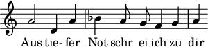 
\version "2.18.2"
\header {
  tagline = ##f
}
\score {
  \new Staff \with {
    \remove "Time_signature_engraver"
  }
<<
  \relative c'' {
    \key c \major
    \time 4/4
    %\set Score.currentBarNumber = #5
    \override TupletBracket #'bracket-visibility = ##f 
    \autoBeamOff

     %%% Luther, choral Aus tiefer Not schrei ich zu dir
     a2 d,4 a' | bes a8 g f4 g | a

  }

  \addlyrics {
     Aus tie- fer Not schr_ ei ich zu dir
  }
>>
  \layout {
    \context {
      \remove "Metronome_mark_engraver"
    }
  }
  \midi { \tempo 4 = 66 }
}
