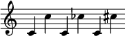
\new Staff \with { \remove "Time_signature_engraver" \remove "Bar_engraver" } 
\relative c' {
   c c' | c, ces' | c, cis' 
}
