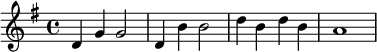 {\set Staff.midiInstrument = #"celesta" \key g \major d' g' g'2 d'4 b'4 b'2 d''4 b'4 d''4 b'4 a'1}