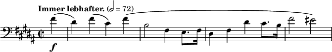  \new Staff \relative c' {
  \clef bass \time 2/2 \key b \major \tempo "Immer lebhafter." 2=72 \partial 4
  fis4-\f(dis) fis(cis) fis(b,2 fis4 e8. fis16 dis4 fis dis' cis8. b16 fis'2 eis)
} 