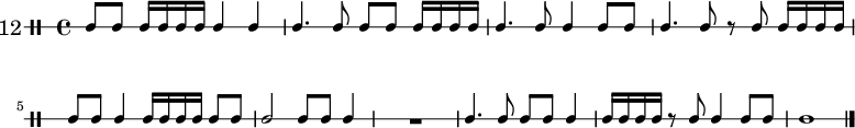 \new DrumStaff \with {
  instrumentName = \markup \huge {"12"}
} \drummode {
  \override Staff.StaffSymbol #'line-count = #1
  \override Score.MetronomeMark #'stencil = ##f
  \tempo 4 = 60
  \time 4/4
  \stemUp
  ssh8 ssh ssh16 ssh ssh ssh ssh4 ssh4 | ssh4. ssh8 ssh ssh ssh16 ssh ssh ssh | ssh4. ssh8 ssh4 ssh8 ssh |
  ssh4. ssh8 r ssh ssh16 ssh ssh ssh | ssh8 ssh ssh4 ssh16 ssh ssh ssh ssh8 ssh  | ssh2 ssh8 ssh ssh4 |
  R1 | ssh4. ssh8 ssh ssh ssh4 | ssh16 ssh ssh ssh r8 ssh ssh4 ssh8 ssh | ssh1
  \bar "|."
}