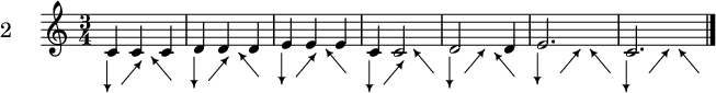 \version "2.18.2"
\header {
  tagline = ##f
}

arrowDn = \markup\combine\arrow-head #Y #DOWN ##t \draw-line #'(0 . 4)
arrowRt = \markup\rotate #-40 \combine \draw-line #'(0 . 4)\raise #4 \arrow-head #Y #UP ##t
arrowLf = \markup\rotate #40 \combine \draw-line #'(0 . 4)\raise #4 \arrow-head #Y #UP ##t

\new Staff \with {
  instrumentName = \markup \huge {"2"}
} {
  \time 3/4
  <<
    \relative c' { c4 c c | d d d | e e e | c c2 | d2 d4 | e2. | c2. }
    \new Voice {
      \override TextScript #'staff-padding = #2
      \repeat unfold 7 {\textLengthOn s4_\arrowDn s_\arrowRt s_\arrowLf}
    }
  >>
  \bar "|."
}