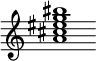 {
  % Rivin lopun pystyviiva ja tahtiosoitus piiloon.
  \override Score.BarLine.break-visibility = ##(#f #t #t)
  \override Staff.TimeSignature #'stencil = ##f
  
  <a' cis'' eis'' g'' bis''>1
}
