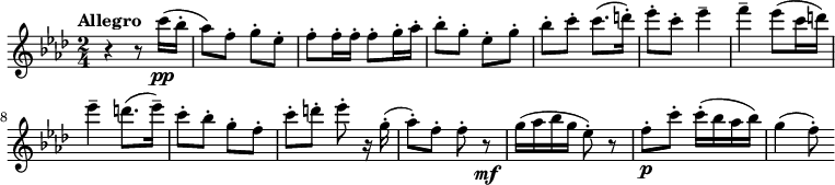 
\header{
   title = "Seventeen Come Sunday"
}
\relative c'''
 {
  \key f \minor
    \time 2/4 \set Score.tempoHideNote = ##t \tempo "Allegro" 4 = 120
       r4 r8 c16\pp (bes16-.  aes8) f8-. g8-. es8-. f8-. f16-. f16-. f8-.
      g16-. aes16-.  bes8-. g8-. es8-. g8-.  bes8-. c8-. c8. (d16-.) es8-. c8-. es4--
      f4-- es8 (c16 d16)

      es4-- d8. (es16--) c8-. bes8-. g8-. f8-. c'8-. d8-.          es8-. r16 g,16-. (aes8-.) f8-. f8-. r8\mf g16 (aes16 bes16 g16 es8-.) r8 f8-.\p c'8-. c16-. (bes16 aes16 bes16) g4 (f8-.)

  }
  