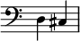 { \override Score.TimeSignature #'stencil = ##f \clef bass \time 2/4 d4 cis }