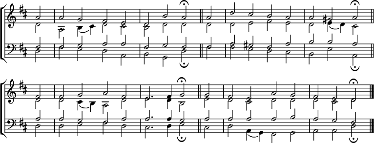 
\new ChoirStaff <<
  \new Staff { \clef treble \time 4/2 \key d \major \partial 2 \set Staff.midiInstrument = "church organ" \omit Staff.TimeSignature \set Score.tempoHideNote = ##t \override Score.BarNumber  #'transparent = ##t 
  \relative c''
  << { a2 | a g fis e | d b' a \fermata \bar"||"
       a | d cis b a | a gis a \fermata \bar"||" \break
       fis | fis g a fis | e2. fis4 g2 \fermata \bar"||"
       g | fis e a g | fis e d \fermata \bar"|." } \\
  { d2 | a b4( cis) d2 cis | b d d d | d e fis e | d e4( d) cis2
    d | d cis4( b) a2 d | e2. d4 b2 e | d cis d d | d cis d } >>
  }
\new Staff { \clef bass \key d \major \set Staff.midiInstrument = "church organ" \omit Staff.TimeSignature
  \relative c
  << { fis2 | 2 g a a | fis g fis fis | a gis fis a | b b a
       a | a g fis a | a2. 4 g2 a | a a a b | a g fis } \\
  { d2 | fis e d a | b g d' \fermata fis | fis e d cis | b e a, \fermata
    d | d e fis d | cis2. d4 e2 \fermata cis | d a4( g) fis2 g | a a d \fermata } >>
  } 
>>
\layout { indent = #0 }
\midi { \tempo 2 = 69 }
