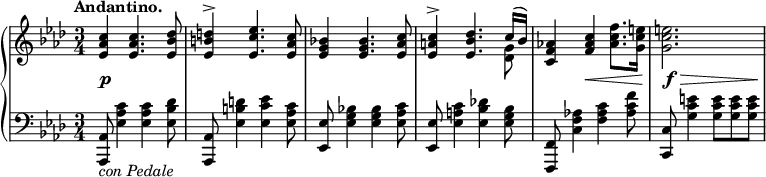 
 \relative c' {
  \new PianoStaff <<
   \new Staff { \key aes \major \time 3/4 \tempo "Andantino."
    <<
     {
      <c' aes es>4 <c aes es>4. <des bes es,>8 <d b es,>4-> <es c es,>4. <c aes es>8
      <bes! g es>4 <bes g es>4. <c aes es>8 <c a es>4-> <des bes es,>4. c16( bes)
      <aes! f c>4 <c aes f> \stemDown <f c aes>8. <e c g>16 <e c g>2.
     }
    \\
     { s2. s s s4 s4. <g, des>8 }
    >>
   }
   \new Dynamics {
    \override TextScript #'whiteout = ##t
    s4\p s2 s2. s s s4 s4\< s4 s8\f \> s4. s8 s8\!
   }
   \new Staff { \key aes \major \time 3/4 \clef bass
    <aes,, aes,>8_\markup { \italic { con Pedale } } <c' aes es>4 <c aes es> <des bes es,>8 <aes, aes,>8 <d' b es,>4 <es c es,> <c aes es>8
    <es, es,>8 <bes'! g es>4 <bes g es> <c aes es>8 <es, es,>8 <c' a es>4 <des! bes es,> <bes g es>8 <f, f,>8 <aes'! f c>4 <c aes f> <f c aes>8
    <c, c,>8 <e'! c g>4 <e c g>8 <e c g> <e c g>
   }
  >>
 }
