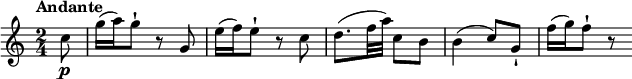 
\relative c'' {
   \version "2.18.2"
    \key c \major
    \time 2/4
    \tempo "Andante"
    \tempo 4 = 50
 \partial 4 \partial 8 c8\p g'16 (a) g8-! r8 g,8
 e'16 (f) e8-! r8 c8
 d8. (f32 a) c,8 b
 b4 (c8) g-!
 f'16 (g) f8-! r8
  }
