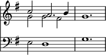 { \override Score.TimeSignature #'stencil = ##f \time 3/2 \key g \major << \relative c'' << { c2 a2. b4 g1. } \\ { g2 g fis } >>
\new Staff { \clef bass \key g \major e2 d1 g1. } >> }