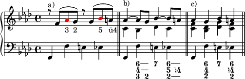 
\version "2.14.2"
\header {
  tagline = ##f
        }
upper = \relative c' {
  \key f \minor
  \tempo 8 = 72
       <<
         {
           \voiceOne
           r8^"a)" f ( \tweak color #red as_"3" g_"2") r g ( \tweak color #red bes_"5" a_"ü4") \bar "||" as4^"b)" ~ as8 g bes4 ~ bes8 a \bar "||" as4^"c)" g bes a \bar "||"
         }
         \new Voice {
           \voiceTwo
           s1 c,4 bes des c <c f> <bes des> <des g> <c f>
         }
       >>
                }

lower = \relative c, {
  \clef bass
  \key f \minor

           f4 f' e es \bar "||" f, f' e es \bar "||" f, f' e es \bar "||"
        
         }

\score {
  \new PianoStaff <<
    \new Staff = "upper" \upper
    \new Staff = "lower" \lower
    \figures { \bassFigureExtendersOn s1 s4 <6 4 3>8 <6 4 2> <7>4 <6\! 5\! 2>8 <6 4! 2> \bassFigureExtendersOff s4 <6 4 2> <7> <6 4! 2>
  }
  >>
  \layout {
    \context {
      \Score
      \remove "Metronome_mark_engraver"
    }
  }
  \midi { }
}
