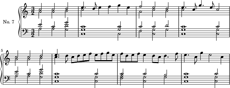 
\version "2.14.2"
\header {
  tagline = ##f
}
upper = \relative c'' {
  \clef treble 
  \key a \minor
  \time 3/2
  \tempo 2 = 96
  \autoBeamOff
  \set Staff.midiInstrument = #"harpsichord"

    << { c2 c d e4. d8 } \\ { a2 a b c e4 f g e } >>
    << { f2 e d } \\ { a2 c b } >>
    << { e4. c8 g'4. e8 c2 } \\ { c2 } >>
    << { c2 c d } \\ { a2 a b } >>
    << { e4. } \\ { c4. d8 c d e f e f g e } >>
    << {} \\ { f d e f e4 d8 c d4. f8 e4. c8 g'4 e2 c4 } >>

}

lower = \relative c {
  \clef bass
  \key a \minor
  \time 3/2
  \set Staff.midiInstrument = #"harpsichord"

    << { e'2 c g' } \\ { a,2 a << d g, >> } >>
    << { c1 << c2 g >> } \\  { << g1 c, >> c2 } >> 
    << { c'2 c d } \\ { f,2 << g c, >> g' } >> 
    << { c1 c2 }  \\ { << g1 c, >> << g'2 c, >> } >> 
    << { e'2 c g' } \\ { a,2 a << d g, >> } >>
    << { c1 c2 }  \\ { << g1 c, >> << g'2 c, >> } >> 
    << { c'2 c b }  \\ { << f2 a >> << g2 c, >> g'2 } >> 
    << { c1 c2 }  \\ { << g1 c, >> << g'2 c, >> } >> 
}

\score {
  \new PianoStaff <<
    \set PianoStaff.instrumentName = #"No. 7"
    \new Staff = "upper" \upper
    \new Staff = "lower" \lower
  >>
  \layout {
    \context {
      \Score
      \remove "Metronome_mark_engraver"
    }
  }
  \midi { }
}
