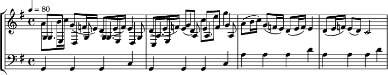 
  \new StaffGroup <<
    \new Staff {
      \clef treble
      \relative c'{
        \tempo 4 = 80
        \time 4/4
        a'8 b16 c16 g8(f16 e16) d8(e16 f16) e4
        d8(e16 f16) e8(d8) e8 f8 g4
        a8(b16 c16) g8(f16 e16) d8(e16 f16) e4
        d8(e16 f16) e8(d8) c2
      }
    }
    \new Staff {
      \clef bass
      \relative c{
        % 這裡添加低音部分
        \key g \major
        g4 g g c | g4 g g c | a'4 a a d | a4 a a d |
      }
    }
    \new WoodStaff {
      \clef treble
      \relative c'{
        % 這裡添加木管樂器的部分
        \key g \major
        g8 e d4 | g8 e d4 | c8 e g'4 | c8 e g4 |
      }
    }
    \new BrassStaff {
      \clef treble
      \relative c'{
        % 這裡添加銅管樂器的部分
        \key g \major
        g4. g8 | g4. g8 | a4. a8 | a4. a8 |
      }
    }
  >>
  \layout { }
  \midi { }
