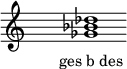 
\relative f'{
\override Staff.TimeSignature #'stencil = ##f
\cadenzaOn s1 <ges bes des> s1 \cadenzaOff
}
\addlyrics { \small { ges_b_des } } 
