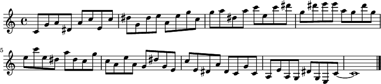 
{

\modalTranspose c c' { c dis e g a } { c8 g a } 
\modalTranspose c dis' { c dis e g a } { c g a } 
\modalTranspose c e' { c dis e g a } { c g a } 
\modalTranspose c g' { c dis e g a } { c g a } 
\modalTranspose c a' { c dis e g a } { c g a } 
\modalTranspose c c'' { c dis e g a } { c g a } 
\modalTranspose c dis'' { c dis e g a } { c g a } 
\modalTranspose c e'' { c dis e g a } { c g a } 
\modalTranspose c g'' { c dis e g a } { c g a } 

\modalInversion c e''' { c dis e g a } { c g a } 
\modalInversion c dis''' { c dis e g a } { c g a } 
\modalInversion c c''' { c dis e g a } { c g a } 
\modalInversion c a'' { c dis e g a } { c g a } 
\modalInversion c g'' { c dis e g a } { c g a } 
\modalInversion c e'' { c dis e g a } { c g a } 
\modalInversion c dis'' { c dis e g a } { c g a } 
\modalInversion c c'' { c dis e g a } { c g a } 
\modalInversion c a' { c dis e g a } { c g a } 
\modalInversion c g' { c dis e g a } { c g a } 
\modalInversion c e' { c dis e g a } { c g a } 
\modalInversion c dis' { c dis e g a } { c g a } 

c'~ c'1

\bar "|."
}
