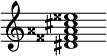 {
  % Rivin lopun pystyviiva ja tahtiosoitus piiloon.
  \override Score.BarLine.break-visibility = ##(#f #t #t)
  \override Staff.TimeSignature #'stencil = ##f
  
  <dis' fisis' aisis' cis'' eisis''>1
}
