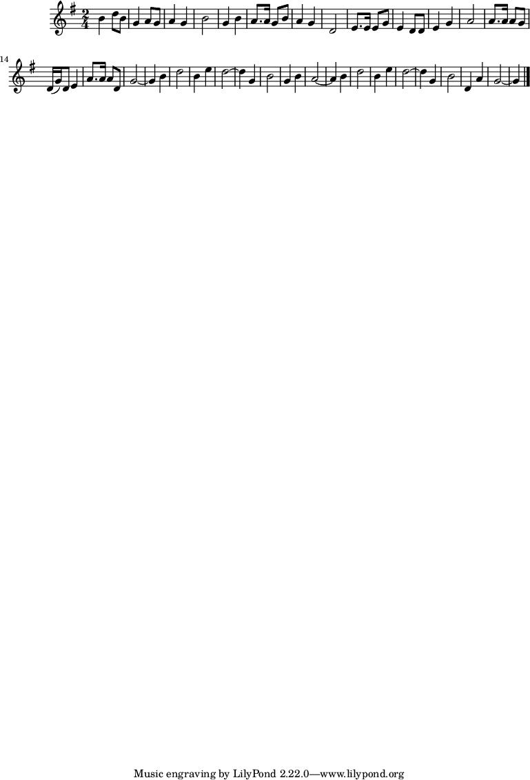 \version "2.18.2"  % It's good practice to specify the version

\score {
  \relative c' {
    \key g \major
    \time 2/4
    b'4 d8 b g4 a8 g a4 g b2
    g4 b a8. a16 g8 b a4 g d2
    e8. e16 e8 g8 e4 d8 d e4 g a2
    a8. a16 a8 g d16( g) d8 e4
    a8. a16 a8 d, g2~ g4
    b4 d2 b4 e d2~ d4
    g,4 b2 g4 b a2~ a4
    b4 d2 b4 e d2~ d4
    g,4 b2 d,4 a' g2~ g4
    \bar "|."
  }
}