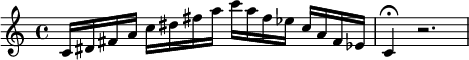 {c'16 dis'16 fis'16 a'16 c''16 dis''16 fis''16 a''16 c'''16 a''16 fis''16 es''16 c''16 a'16 fis'16 es'16 c'4\fermata r2.}