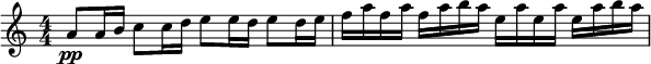 
\relative c'' {
  \set Staff.midiInstrument = #"violin"
  \set Score.tempoHideNote = ##t \tempo 4 = 135
\numericTimeSignature
\tempo "Allegro"
  \key c \major \time 4/4
  a8\pp a16 b c8 c16 d e8 e16 d e8 d16 e|
  f a f a f a b a e a e a e a b a |
}
