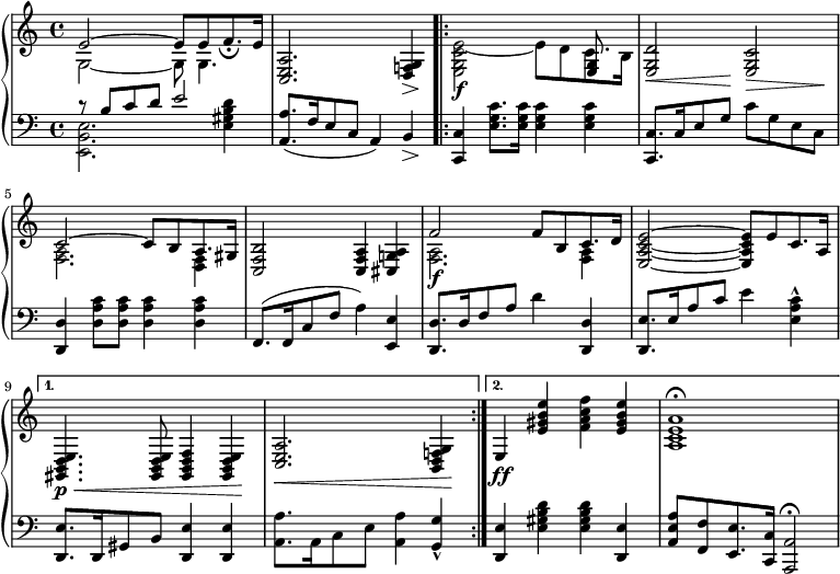 
{
  \new PianoStaff <<
    \new Staff = "RH"  <<
       \relative c' 
       {
         { << { e2~ e8[ e8 f8._\fermata e16] } \\ { g,2~ g8 g4. } >> }
         \bar "|"
%         { <c, e a>2. <d f! g>4_> }
         { << { <c, e a>2. <d f! g>4 } \\ { s2. s8 \> s8 \! } >> }
         \bar "|"
         \repeat volta 2 {
           { << {s2 s4 <e g>8 s8} \\ { <e g c e~>2\f e'8[ d8 c8. b16]} >> }
           \bar "|"
           { << { <e, g d'>2 <e g c>2 } \\ { s8 \< s8 s8 s8 \! s8 \> s8 s8 s8 \! } >> }
           \bar "|"
           \break
           { << { c'2~ c8[ b8 a8. gis16] } \\ { <f a>2. <f d>4 } >> }
           \bar "|"
           { <c f b>2 <c f a>4 <cis g'! a>4 }
           \bar "|"
           { << { f'2\f f8[ b,8 c8. d16] } \\ { <f, a>2. <f a>4 } >> }
           \bar "|"
           { <e a c e>2~ < e a c e>8[ e'8 c8. a16] }
           \bar "|"
           \break
         }
         \alternative {
         {
           { <e d b gis>4.\p \< <e d b gis>8 <f d b gis>4 <e d b gis>4 \! }
             \bar "|"
           { <c e a>2. \< <b d f! g>4 \! }
             \bar "|"
         }
         {
             { e4\ff <e' gis b e>4 <f a c f>4 <e gis b e>4 }
             \bar "|"
             { < a, c e a>1\fermata }
             \bar "|"
         }
       }
     }
    >>
    \new Staff = "LH" <<
      \clef "bass"
       {
         % w druku:
         % { << { r8 b8[ c'8. d'8] e'2 } \\ { <e, b, e>2. <e gis b d'>4 } >> }
         { << { r8 b8[ c'8 d'8] e'2 } \\ { <e, b, e>2. <e gis b d'>4 } >> }
         \bar "|"
         { << { <a, a>8.[ _( f16 e8 c8] a,4 _) b,4 } \\ { s4 s4 s4 s8 \> s8 \! } >> } 
         \bar "|"
         \repeat volta 2 {
           { <c, c>4 <e g c'>8.[ <e g c'>16] <e g c'>4 <e g c'>4 }
           \bar "|"
           { <c, c>8.[ c16 e8 g8] c'8[ g8 e8 c8] }
           \bar "|"
           \break
           { <d, d>4 <d a c'>8[ <d a c'>8] <d a c'>4 <d a c'>4 }
           \bar "|"
           { f,8.[( f,16 c8 f8] a4) <e, e>4 }
          \bar "|"
           { <d d,>8.[ d16 f8 a8] d'4 <d, d>4 }
           \bar "|"
           { <d, e>8.[ e16 a8 c'8] e'4 <a e c'>4\marcato }
           \bar "|"
           \break
         }
         \alternative {
         {
           { <d, e>8.[ d,16 gis,8 b,8] <d, e>4 <d, e>4 }
           \bar "|"
           { <a, a>8.[ a,16 c8 e8] <a, a>4 <g, g>4\marcato }
           \bar "|"
         }
         {
           { <d, e>4 <e gis b d'>4 <e gis b d'>4 <d, e>4 }
           \bar "|"
           { <a, e a>8[ <f, f>8 <e, e>8. <c, c>16] <a,, a,>2\fermata }
         }
       }
     }
    >>
  >>
}
