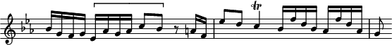 
\version "2.18.2"
\header {
  tagline = ##f
}

\score {
  \new Staff \with {
    \remove "Time_signature_engraver"
    fontSize = #-1
  }
<<
  \relative c'' {
    \key ees \major
    \time 4/4

     %% SUJET fugue CBT I-7, BWV 852, mi-bémol majeur
     \stemUp bes16 g f g \[ ees aes g aes c8 bes \] r8 a16 f ees'8 d c4\trill bes16 f' d bes aes f' d aes g8 

  }
>>
  \layout {
     \context { \Score \remove "Metronome_mark_engraver" 
     \consists "Horizontal_bracket_engraver"
     }
  }
  \midi {} 
}
