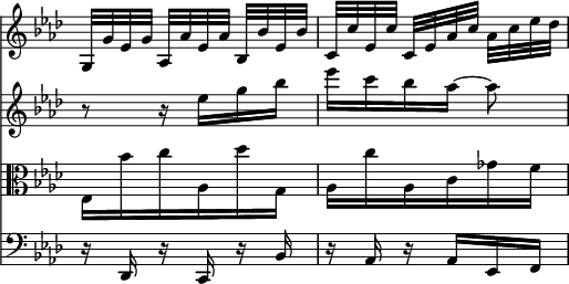 << \override Score.TimeSignature #'stencil = ##f \time 3/8 \new Staff { \key aes \major \relative g { g32[ g' ees g] aes,[ aes' ees aes] bes,[ bes' ees, bes'] | c,[ c' ees, c'] c,[ ees aes c] aes[ c ees des] | } }
\new Staff { \key aes \major \relative e'' { r8 r16 ees g bes | ees[ c bes aes] ~ aes8 } }
\new Staff { \clef alto \key aes \major \relative e { ees16 bes'' c aes, des' g,, | aes c' aes, c ges' f } }
\new Staff { \clef bass \key aes \major \relative d, { r16 des r c r bes' r aes r aes ees f } } >>