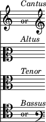 { \omit Score.Stem \omit Score.TimeSignature << { \new Staff { \override Staff.Clef.full-size-change = ##t \once \override NoteHead.stencil = #ly:text-interface::print \once \override NoteHead.text = \markup \lower #0.5 "or" \clef treble g'4^\markup { \italic Cantus } \clef french } } \new Staff { \clef mezzosoprano s4^\markup { \italic Altus } } \new Staff { \clef alto s4^\markup { \italic Tenor } } \new Staff { \override Staff.Clef.full-size-change = ##t \once \override NoteHead.stencil = #ly:text-interface::print \once \override NoteHead.text = \markup \lower #0.5 "or" \clef tenor a4^\markup { \italic Bassus } \clef baritonevarF } >> }