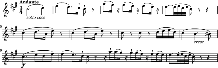 
  \relative c'' {
    \version "2.18.2"
    \key a \major 
    \tempo "Andante"
    \time 3/4
    \tempo 4 = 70
    cis2_\markup{\italic {sotto voce}}  (d4)
   fis (e8.) d16-! cis8-! r8
   a'8 (gis16) r16 gis8 (fis16) r16 fis8 (e16) r16
   e8 ~ e32 (fis d e cis8) r8 r4
   cis4 (d8. b16 e8) r8
   cis4 (d8. b16 e8) r8
   cis r cis r d16 (e fis d)
   cis4 (b4._\markup{\italic {cresc}} bis8)
   cis4.\f (e8 d fis)
   fis4 (e8.) d16-! cis8-! r
   r16 a'-! a (gis) r gis-! gis (fis) r fis-! fis (e)
   e8 ~ e32 (fis d e cis8) r8 r4
}
