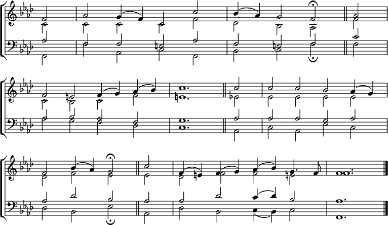 
\new ChoirStaff <<
  \new Staff { \clef treble \time 4/2 \partial 2 \key f \minor \set Staff.midiInstrument = "church organ" \omit Staff.TimeSignature \set Score.tempoHideNote = ##t \override Score.BarNumber  #'transparent = ##t 
  \relative c'
  << { f2 | aes g4( f) c2 c' | bes4( aes) g2 f \fermata \bar"||" aes \break
     f e f4( g) aes( bes) | c1. \bar"||" c2 | c c bes aes4( g) | \break
     f2 bes4( aes) g2 \fermata \bar"||" c | f,4( e) f( g) aes( bes) g4. f8 | f1. \bar"|."} \\
  { c2 | c c c f | des bes aes f'
  c bes c f | e1. es2 | es es es es |
  des f es es | des f f e! | f1. } >>
  } 
\new Staff { \clef bass \key f \minor \set Staff.midiInstrument = "church organ" \omit Staff.TimeSignature
  \relative c'
  << { aes2 | f f e aes | f e f c' |
     aes bes aes f | g1. aes2| aes aes g aes |
     aes des bes aes | aes des c4( des) bes2 | aes1.} \\
  { f,2 | f' aes, c f, | bes c f \fermata f |
  aes g f des | c1. aes2 | c aes es' c |
  des bes es \fermata aes, | des bes c4( bes) c2 | f,1. } >>
  } 
>>
\layout { indent = #0 }
\midi { \tempo 2 = 58 }
