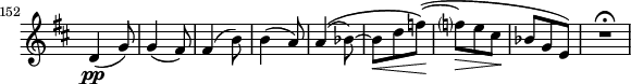 
\relative c' \new Staff \with { \remove "Time_signature_engraver" } {
 \key d \major \time 3/8
  \set Staff.midiInstrument = "violin"
  \set Score.tempoHideNote = ##t \tempo 4. = 76
  \set Score.currentBarNumber = #152 \bar "||"
  d4(\pp g8) g4( fis8) fis4( b8) b4( a8) a4( \( bes8)~ bes\< d f\! \) (~ f?\> e cis\! bes g e) R2*3/4\fermata }
