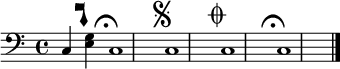 
{
\clef bass

c \mark \markup { \musicglyph #"clefs.kievan.do" }
<e g> \mark \markup { \musicglyph #"scripts.ufermata" }

c1 \mark \markup { \musicglyph #"scripts.segno" }
c1 \mark \markup { \musicglyph #"scripts.coda" }
c1 \mark \markup { \musicglyph #"scripts.ufermata" }
c1

\bar "|."
}
