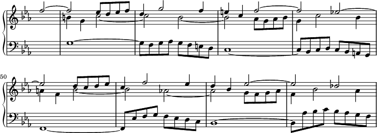 
\header {
  tagline = ##f
}
upper = \relative c'' {
  \set Score.currentBarNumber = #46
  \clef treble
  \key es \major
  \time 2/2
  \tempo 4 = 120

<< 
   { \partial 2 f2~ | f es8[ d es f] | d4 g2 f4 | e c f2~ | f es!~ | es d8[ c d es] | c4 f2 es4 | d bes es2~ | es des!~ | }
   \\ 
   { s2 | b4 g c2~ | c bes~ | bes as8[ g as bes] | g4 c2 bes4 | a4 f bes2~ | bes as!~ | as g8[ f g as] | f4 bes2 as4 }
>>
}

lower = \relative c' {
  \override Score.TimeSignature.stencil=##f
  \clef bass
  \key es \major
  \time 2/2
  \tempo 4 = 120

   { s2 | g1~ | g8[ f g as] g[ f e d] | c1~ | c8[ bes c d] c[ bes a g] | f1~ | f8[ es' f g] f[ es d c] | bes1~ | bes8[ as' bes c] bes[ as g f] }

}

\paper { indent = 0 }
\score {
    \new PianoStaff <<
      \new Staff = "upper" \upper
      \new Staff = "lower" \lower
    >>
  \layout {
    \context {
      \Score
      \remove "Metronome_mark_engraver"
    }
  }
  \midi { }
}
