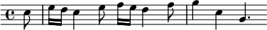 \relative c'' { \time 4/4 \partial 8 \override Score.Clef #'stencil = ##f
  c8 | e16 d c4 e8 f16[ e] d4 f8 | g4 c, g4. }