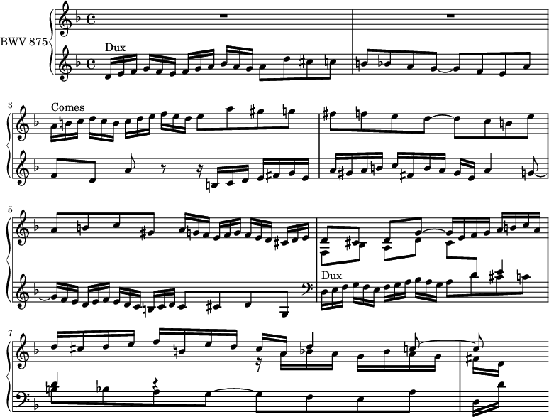 
\version "2.18.2"
\header {
  tagline = ##f
}

Dux   = { \omit TupletNumber \tuplet 3/2 { d16^\markup{Dux}[ e f] } \tuplet 3/2 { g f e } \tuplet 3/2 { f[ g a] } \tuplet 3/2 { bes a g } a8 d cis c b bes a g~ g f e a }
Comes = { \omit TupletNumber \tuplet 3/2 { a16^\markup{Comes}[ b c] } \tuplet 3/2 { d c b } \tuplet 3/2 { c[ d e] } \tuplet 3/2 { f e d } e8 a gis g fis f e d~ d c b e }

upper = \relative c'' {
  \clef treble 
  \key d \minor
  \time 4/4
  \tempo 4 = 69 
  \set Staff.midiInstrument = #"harpsichord" 

   %% FUGUE CBT II-6, BWV 875, ré mineur
   R1*2 \Comes a,8 b c gis \omit TupletNumber \tuplet 3/2 { a16 g f } \tuplet 3/2 { e[ f g] } \tuplet 3/2 { f e d } \tuplet 3/2 { cis[ d e] }
   << { d8 cis d[ g~] g16 e f g a b c a | d cis d e f b, e  d cis a d4 c8~ | c8 } \\ { f,, bes a[ d] cis8  \stemUp \change Staff = "lower" d e4 d d4\rest \stemDown \change Staff = "upper" r16 a'16 bes a g bes a g | fis[ d] } >>
   
}

lower = \relative c' {
  \clef bass 
  \key d \minor
  \time 4/4
  \set Staff.midiInstrument = #"harpsichord" 
    
   \clef treble 
   \Dux f8[ d] a' r8 r16 b,16 c d e fis g e a gis a b c fis, b a gis e a4 g8~ \omit TupletNumber \tuplet 3/2 { g16 f e } \tuplet 3/2 { d[ e f] } \tuplet 3/2 { e d c } \tuplet 3/2 { b[ c d] } 
   c8 cis d g,
   \clef bass
   \Dux d,16[  { \tag #'print { d'16] } \tag #'midi { s16 } } % d'] %
} 

\score {
  \new PianoStaff <<
    \set PianoStaff.instrumentName = #"BWV 875"
    \new Staff = "upper" \upper
    \new Staff = "lower" \lower
  >>
  \layout {
    \context {
      \Score
      \remove "Metronome_mark_engraver"
    }
  }
  \midi { }
}
