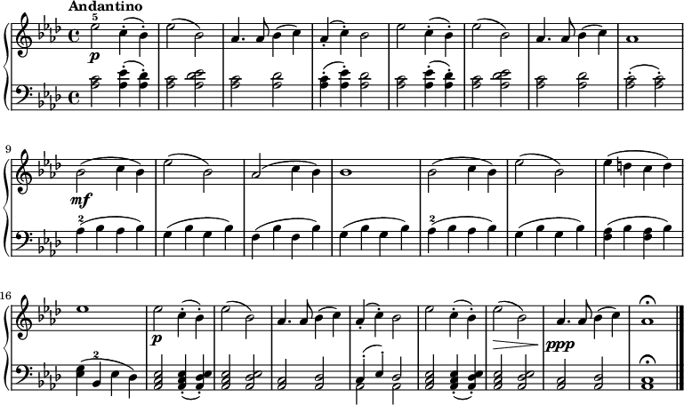 { 
\new PianoStaff << \new Staff { \time 4/4 \tempo Andantino  \key aes \major \relative e'' {
  ees2-5\p c4-.( bes-.) |
  ees2( bes) |
  aes4. aes8 bes4( c) |
  aes-.( c-.) bes2 | 
  ees2 c4-.( bes-.) |
  ees2( bes) |
  aes4. aes8 bes4( c) | aes1 
  bes2(\mf c4 bes) |
  ees2( bes) |
  aes( c4 bes) | bes1 
  bes2( c4 bes) |
  ees2( bes) |
  ees4( d c d) | ees1
  ees2\p c4-.( bes-.) |
  ees2( bes) |
  aes4. aes8 bes4( c) |
  aes-.( c-.) bes2 | 
  ees2 c4-.( bes-.) |
  ees2\>( bes) |
  aes4.\ppp aes8 bes4( c) | aes1\fermata \bar "|."
} }
\new Staff { \clef bass \key aes \major \relative a {
  \repeat unfold 2 {
    <aes c>2 <aes ees'>4-.( <aes des>-.) |
    <aes c>2 <aes des ees> |
    <aes c> <aes des> | }
  \alternative { { <aes c>4-.( <aes ees'>-.) <aes des>2 }
    { <aes c>2-.( q-.) } }
  \repeat unfold 2 {
    aes4-2( bes aes bes) |
    g( bes g bes) }
  \alternative { { f( bes f bes) | g( bes g bes) }
    { <f aes>( bes q bes) | <ees, g>( bes-2 ees des) } }
  \repeat unfold 2 { <aes c ees>2 q4-.( <aes des ees>-.) |
    <aes c ees>2 <aes des ees> |
    <aes c> <aes des> }
  \alternative { { << { c4-.( ees-.) des2 } \\ { aes2 aes } >> }
    { <aes c>1\fermata } }
} }
>>
}