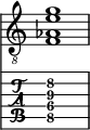  
<<
  %\override Score.BarLine.break-visibility = ##(#f #t #t)
  \time 1/1
    \new Staff  {
    \clef "treble_8"
        \once \override Staff.TimeSignature #'stencil = ##f
        < f aes e' g' >1
    }

     \new TabStaff {
       \override Stem #'transparent = ##t
       \override Beam #'transparent = ##t 
      < f\5 gis\4 e'\3 g'\2 >1
  }
>>
