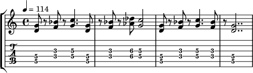 
\new StaffGroup <<
  \new Staff \relative {
\set Staff.midiInstrument = "distorted guitar"
   \time 4/4
  \tempo 4 = 114
  < d' g >8 r < f bes > r < g c >4.
  < d g >8 r < f bes > r < aes des > < g c >2
  < d g >8 r < f bes > r < g c >4. < f bes >8 r < d g >2.. }
  \new TabStaff \relative {
  < d\5 g\4 >8 r < f bes > r < g\4 c\3 >4.
  < d\5 g\4 >8 r < f bes > r < aes\4 des\3 > < g\4 c\3 >2
  < d\5 g\4 >8 r < f bes > r < g\4 c\3 >4. < f bes >8 r < d\5 g\4 >2.. }
>>
