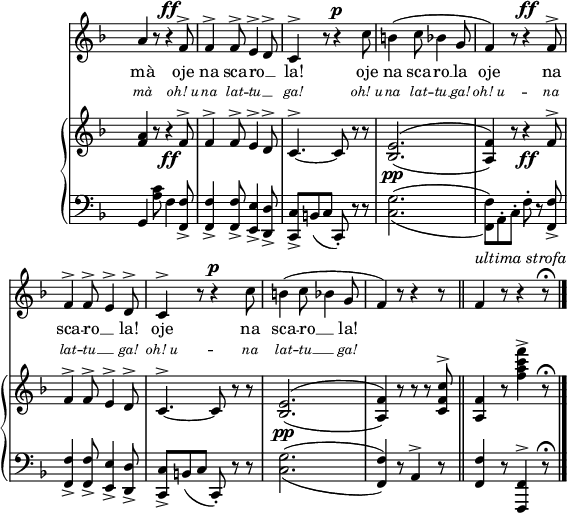 
sVarUp = { \relative c' { 
  <f a>4 \repeat unfold 2 { 
    r8 r4\ff  f8^> f4^> f8^> e4^> d8^> c4.^>~ c8 r r
    \set doubleSlurs = ##t <bes e>2.\pp( <a f'>4)
   } 
  r8 r r <c f c'>8^> <a f'>4 r8 <f'' a c f>4^> 
}
  r8\fermata }

lyricsII = \lyricmode { mà oh!_u -- na lat -- tu __  _ ga! oh!_u -- na lat -- tu __ ga! oh!_u -- na lat -- tu __ _ ga! oh!_u -- na lat -- tu __ _ ga! }

ending = { r8\fermata \bar "|." }

sVarLow = { g,4 <a c'>8 f4 <f, f>8_> q4_> q8_> <e, e>4_> <d, d>8_>
  <c, c>8_>[ b,( c] c,8-.) r8 r8 
  \once \set doubleSlurs = ##t <g c>2.( 
  \stemDown <f f,>8)[ a,-. c-.] \stemNeutral f8-. r8 <f f,>8_>
  \break
  <f, f>4_> q8_> <e, e>4_> <d, d>8_>
  <c, c>8_>[ b,( c] c,8-.) r8 r8
  \once \set doubleSlurs = ##t <g c>2.( <f f,>4) r8 a,4^> r8
  <f f,>4 r8 <f, f,,>4^> r8\fermata }

sLowR = { <f, f>8_> q4_> q8_> <e, e>4_> <d, d>8_>
  <c, c>8_>[ b,( c] c,8-.) r8 r8 }

lyricsI = \lyricmode { mà oje na sca -- ro __ _ la! oje na sca -- ro __ la oje na sca -- ro __ _ la!  oje na sca -- ro __ _ la! }

smelody = { \relative c'' { 
  a4 \repeat unfold 2 { 
    r8 r4^\ff  f8^> f4^> f8^> e4^> d8^> c4^> r8 r4^\p
    c'8 b!4( c8 bes4 g8 f4) 
   }
   r8 r4 r8
    % here begins the coda
    \noBreak
    \bar "||"
    f4^\markup{ \italic {ultima strofa} } r8 r4 
 } }

\paper { #(set-paper-size "a4")
 oddHeaderMarkup = "" evenHeaderMarkup = "" }
\header { tagline = ##f }
\version "2.18.2"
\score {
\midi {  }
\layout { line-width = #140
\context {
    \Score \remove "Bar_number_engraver" 
    \override SpacingSpanner.common-shortest-duration = #(ly:make-moment 1/2)
  }}
<<
    \new Staff 
    {
       \new Voice =  "melodia" {
         \set melismaBusyProperties = #'() 
         \key f \major
         \once \hide Staff.TimeSignature  \time 6/8
         \smelody \ending
       }
   }
    \new Lyrics {
        \lyricsto melodia 
        \lyricsI
    }
    \new Lyrics {
        \lyricsto melodia
        {  \override  LyricText.font-shape = #'italic
           \override LyricText.font-size = #-1
           \lyricsII
        }
    }
  \new PianoStaff 
     <<
       \new Staff = "upper" {   \key f \major
          \once \hide Staff.TimeSignature  \time 6/8
          \sVarUp }
       \new Staff = "lower" { \clef bass \key f \major
           \once \hide Staff.TimeSignature  \time 6/8 
           \sVarLow }
     >>
>>
  \midi { } }