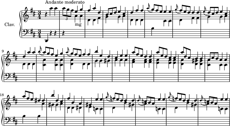 
\version "2.18.2"
\header {
  tagline = ##f
  % composer = "Domenico Scarlatti"
  % opus = "K. 164"
  % meter = "Andante moderato"
}

%% les petites notes
%trillBesp     = { \tag #'print { bes4.\prall } \tag #'midi { c32 bes c bes~ bes4 } }

upper = \relative c'' {
  \clef treble 
  \key d \major
  \time 3/4
  \tempo 4 = 102

      s8*0^\markup{Andante moderato}
      r4 a'4 a | \times 2/3 { a8 g fis } \stemUp e4 g | fis a d, | \omit TupletNumber \times 2/3 { b8 cis d } e4 cis |
      % ms. 5
      d4 fis fis | \appoggiatura a16 \times 2/3 { g8 fis e } e4 e | \appoggiatura g16 \times 2/3 { fis8 e d } d4 d | \appoggiatura e16 \times 2/3 { d8 cis d } e4 cis | 
      % ms. 9
      d4 a' a | \appoggiatura b16 \times 2/3 { a8 g fis } e4 g | \appoggiatura a16 \times 2/3 { g8 fis e } fis4 fis | b e, d | cis e e |
      % ms. 14
      \times 2/3 { a8 fis e } d4 d | \times 2/3 { a'8 e d } cis4 cis | \times 2/3 { a'8 d, cis } b4 b | \times 2/3 { a8 cis b } a4 a |
      % ms. 18
      \times 2/3 { a'8 fis e } dis4 dis | b' d, cis | fis b, a | gis e' e | \appoggiatura g16 \times 2/3 { f8 e d } d4 d |
      % ms. 23
      \appoggiatura d16 \times 2/3 { c8 b a } e'4 e | \appoggiatura g16 \times 2/3 { f8 e d } d4 d | \appoggiatura d16 \times 2/3 { c8 b a } e'4 e |
      % ms. 27
      

}

lower = \relative c' {
  \clef bass
  \key d \major
  \time 3/4

    % ************************************** \appoggiatura a16  \repeat unfold 2 {  } \times 2/3 { }   \omit TupletNumber 
      d,,4 r4 r4 | r4 \stemDown \change Staff = "upper"  a'''4-\markup{mg} a | d, d fis | g g a |
      % ms. 5
      d,4 d d \stemNeutral \change Staff = "lower" | b \stemDown \change Staff = "upper" cis cis | d fis fis | g g a
      % ms. 9
      d,4 d d | < cis a' > q q | < d a' > d d | g g gis | a a a |
      % ms. 14
      < fis a >4 q q | < e a > q q | < d a' > < d gis > q | < cis a' > cis cis \stemNeutral \change Staff = "lower" |
      % ms. 18
      b4 b \stemDown \change Staff = "upper"  a' | gis gis a | d, d dis | e c c | d b' gis |
      % ms. 23
      a4 c, c | d b' gis | a c, c | %d d e |
      % ms. 27
      

}

thePianoStaff = \new PianoStaff <<
    \set PianoStaff.instrumentName = #"Clav."
    \new Staff = "upper" \upper
    \new Staff = "lower" \lower
  >>

\score {
  \keepWithTag #'print \thePianoStaff
  \layout {
      #(layout-set-staff-size 17)
    \context {
      \Score
     \override TupletBracket.bracket-visibility = ##f
     \override SpacingSpanner.common-shortest-duration = #(ly:make-moment 1/2)
      \remove "Metronome_mark_engraver"
    }
  }
}

\score {
  \keepWithTag #'midi \thePianoStaff
  \midi { \set Staff.midiInstrument = #"harpsichord" }
}
