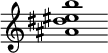 {
  % Rivin lopun pystyviiva ja tahtiosoitus piiloon.
  \override Score.BarLine.break-visibility = ##(#f #t #t)
  \override Staff.TimeSignature #'stencil = ##f
  
  <ais' dis'' eis'' b''>1
}
