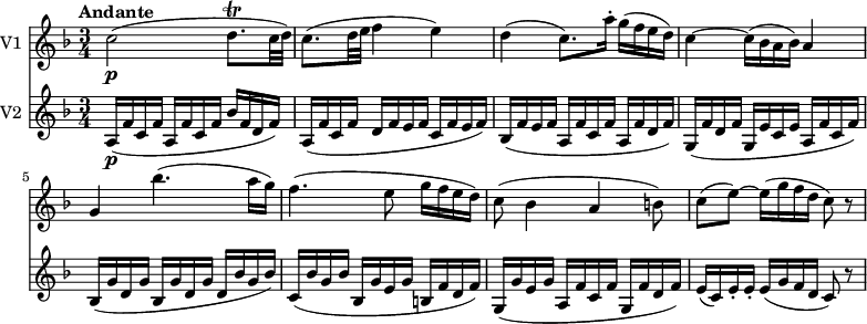 
<< \new Staff \with { instrumentName = #"V1 "}
    \relative c'' {
    \version "2.18.2"
    \key f \major 
    \tempo "Andante"
    \time 3/4
    \tempo 4 = 60
  c2 \p (d8. \trill c32 d)
  c8. (d32 e f4 e)
  d4 (c8.) a'16-. g (f e d)
  c4 ~ c16 (bes a bes) a4
  g bes'4. (a16 g)
  f4. (e8 g16 f e d)
  c8 (bes4 a b8)
  c (e)  ~ e16 (g f d c8) r
}
\new Staff \with { instrumentName = #"V2 "} \relative c' {
    \key f \major 
    \set Staff.midiMinimumVolume = #0.2 \set Staff.midiMaximumVolume = #0.5
    a16 \p (f' c f a, f' c f bes f d f)
    a, (f' c f d f e f c f e f)
    bes, (f' e f a, f' c f a, f' d f)
    g, (f' d f g, e' c e a, f' c f)
    bes, (g' d g bes, g' d g d bes' g bes)
    c, (bes' g bes bes, g' e g b, f' d f)
    g, (g' e g a, f' c f g, f' d f)
    e (c) e-. e-. e (g f d c8) r
 }
>>
