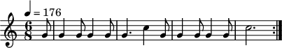 
\language "italiano"
melody = \relative do'' {
  \set Staff.midiInstrument = #"trumpet"
  \set Staff.instrumentName =  \markup \fontsize #-2 #" "
  \tempo 4=176
  \time 6/8
  \autoBeamOff
  \key do \major
  \partial 8 sol8 | sol4 sol8 sol4 sol8 | sol4. do4 sol8 | sol4 sol8 sol4 sol8 | do2. \bar ":|."
}
\score {
  <<
    \new Voice = "mel"
    { \melody }
  >>
  \layout {
    \context { \Staff \RemoveEmptyStaves }
    \override Score.BarNumber #'stencil = ##f
    \set fontSize = #-1
  }
  \midi { }
}
\header { tagline = ##f}
