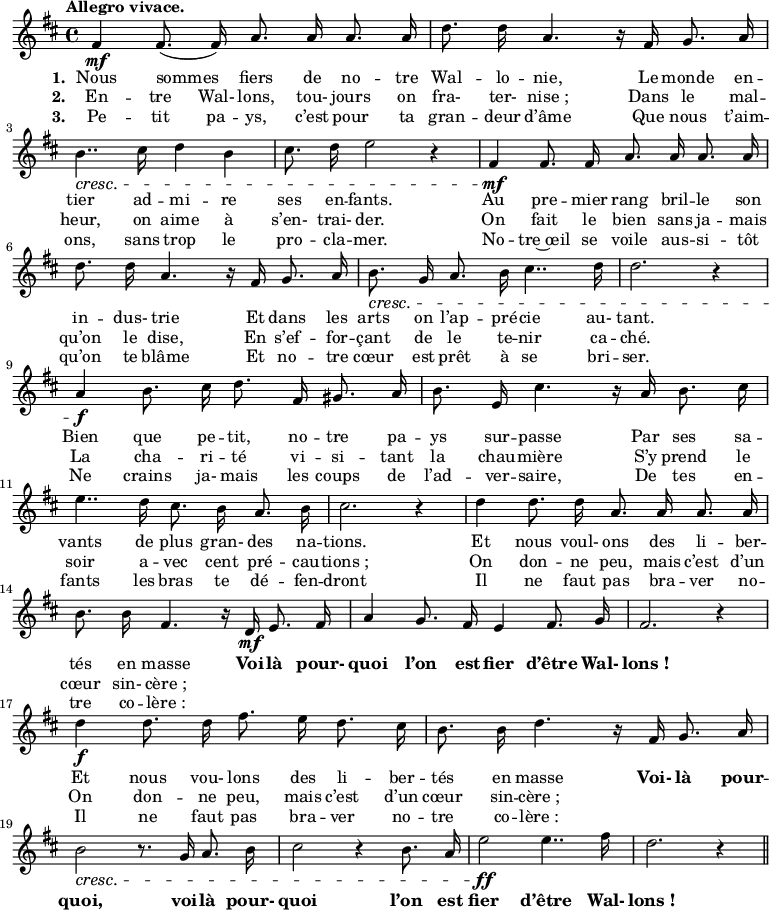 
\relative c' {
\clef G
\key d \major
\time 4/4
\tempo "Allegro vivace."
\autoBeamOff
fis4\mf fis8.( fis16) a8. a16 a8. a16 | d8. d16 a4. r16 fis16 g8. a16 | \break
b4..\cresc cis16 d4 b4 |cis8. d16 e2 r4 |fis,\mf fis8. fis16 a8. a16 a8. a16 | \break
d8. d16 a4. r16 fis16 g8. a16 | b8.\cresc g16 a8. b16 cis4.. d16 | d2. r4 | \break
a4\f b8. cis16 d8. fis,16 gis8. a16 | b8. e,16 cis'4. r16 a16 b8. cis16 | \break
e4.. d16 cis8. b16 a8. b16 | cis2. r4 | d4 d8. d16 a8. a16 a8. a16 | \break
b8. b16 fis4. r16 d16\mf e8. fis16 | a4 g8. fis16 e4 fis8. g16 | fis2. r4 | \break
d'4\f d8. d16 fis8. e16 d8. cis16 | b8. b16 d4. r16 fis,16 g8. a16 | \break
b2\cresc r8. g16 a8. b16 | cis2 r4 b8. a16 | e'2\ff e4.. fis16 | d2. r4 \bar "||"
}
\addlyrics {
    \set stanza = #"1. "
Nous sommes fiers de no -- tre Wal -- lo -- nie,
Le monde en -- tier ad -- mi -- re ses en -- fants.
Au pre -- mier rang bril -- le son in -- dus- trie
Et dans les arts on l’ap -- pré -- cie au- tant.
Bien que pe -- tit, no -- tre pa -- ys sur -- passe
Par ses sa -- vants de plus gran- des na -- tions.
Et nous voul- ons des li -- ber -- tés en masse
\override LyricText #'font-series = #'bold 
Voi -- là pour- quoi l’on est fier d’être Wal- lons_!
\override LyricText #'font-series = #'medium 
Et nous vou- lons des li -- ber -- tés en masse
\override LyricText #'font-series = #'bold 
Voi- là pour -- quoi, voi -- là pour- quoi l’on est fier d’être Wal- lons_!
}
\addlyrics {
    \set stanza = #"2. "
\set ignoreMelismata = ##t
En -- tre Wal- lons, tou- jours on fra- ter- nise_;
\unset ignoreMelismata
Dans le mal -- heur, on aime à s’en- trai- der.
On fait le bien sans ja -- mais qu’on le dise,
En s’ef -- for -- çant de le te -- nir ca -- ché.
La cha -- ri -- té vi -- si -- tant la chau -- mière
S’y prend le soir a -- vec cent pré -- cau -- tions_;
On don -- ne peu, mais c’est d’un cœur sin- cère_;
%Voi -- là pour- quoi l’on est fier d’être Wal- lons_!
\repeat unfold 10 \skip 1
On don -- ne peu, mais c’est d’un cœur sin -- cère_;
%Voi- là pour -- quoi, voi -- là pour- quoi l’on est fier d’être Wal- lons_!
}
\addlyrics {
    \set stanza = #"3. "
\set ignoreMelismata = ##t
Pe -- tit pa -- ys, c’est pour ta gran -- deur d’âme
\unset ignoreMelismata
Que nous t’aim -- ons, sans trop le pro -- cla -- mer.
No -- tre~œil se voile aus -- si -- tôt qu’on te blâme
Et no -- tre cœur est prêt à se bri -- ser.
Ne crains ja- mais les coups de l’ad -- ver -- saire,
De tes en -- fants les bras te dé -- fen -- dront
Il ne faut pas bra -- ver no -- tre co -- lère_:
%Voi -- là pour- quoi l’on est fier d’être Wal- lons_!
\repeat unfold 10 \skip 1
Il ne faut pas bra -- ver no -- tre co -- lère_:
%Voi- là pour -- quoi, voi -- là pour- quoi l’on est fier d’être Wal- lons_!
}
