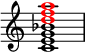 
{
\override Score.TimeSignature #'stencil = ##f
\new Staff <<
\new Voice \relative c' {
   \clef treble 
   \time 4/4
   \key c \major
   \voiceOne
   <c e g bes>1
} 
\new Voice \relative c'' {
   \clef treble 
   \time 4/4
   \key c \major
   \voiceOne
   \override NoteHead.color = #red 
   <d f a>1
}
>>
}
