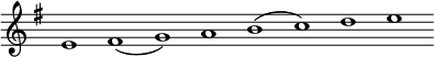 { \override Score.TimeSignature #'stencil = ##f \key e \minor \relative e' { \cadenzaOn e1 fis( g) a b( c) d e s } }