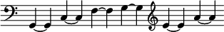 { \override Score.TimeSignature #'stencil = ##f \clef bass \cadenzaOn g,4 ~ g, c ~ c f ~ f g ~ g \clef treble e' ~ e' a' ~ a' }