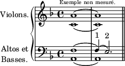 
\language "italiano"
\score {
\relative do' { 
\new PianoStaff << 
\new Staff {
\set Staff.instrumentName = #"Violons."
\clef treble
\key fa \major
\time 4/4
  <<  {
        \voiceOne
        la'1(^\markup {\center-align \fontsize #-2 {Exemple non mesuré.}} | la) \bar "||"
      }
      \new Voice {
        \voiceTwo
        do,1( | do) \bar "||"
      }
    >>
}
\new Staff  {
\set Staff.instrumentName = \markup {
    \column { "Altos et" 
      \line { "Basses." }
    }
}
\clef bass
\key fa \major
\time 4/4
  <<  {
        \voiceOne
        fa,1( | fa4)\(^\markup{\fontsize #1 1 } mi2.\)^\markup{\raise #1.8 \fontsize #1 2 } \bar "||"
      }
      \new Voice {
        \voiceTwo
        la,1( | la) \bar "||"
      }
    >>
}
>>
} %relative
\layout{
  indent = 1.5\cm
  line-width = #120
  \set fontSize = #-1
  \override Score.BarNumber #'break-visibility = #'#(#f #f #f)
} %layout
} %score
\header { tagline = ##f}
