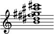 {
  % Rivin lopun pystyviiva ja tahtiosoitus piiloon.
  \override Score.BarLine.break-visibility = ##(#f #t #t)
  \override Staff.TimeSignature #'stencil = ##f
  
  <b' dis'' fis'' gis'' cis''' eis'''>1
}
