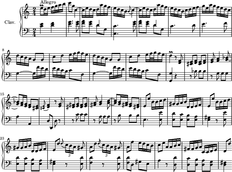 
\version "2.18.2"
\header {
  tagline = ##f
  % composer = "Domenico Scarlatti"
  % opus = "K. 200"
  % meter = "Allegro"
}

%% les petites notes
trillD      = { \tag #'print { d4\prall } \tag #'midi { e32 d e d~ d8 } }

upper = \relative c'' {
  \clef treble 
  \key c \major
  \time 2/4
  \tempo 4 = 96
  \set Staff.midiInstrument = #"harpsichord"
  \override TupletBracket.bracket-visibility = ##f

      s8*0^\markup{Allegro}
      e8\prall d16 e f g a b | c8 g c,4~ | c16 e d c d a' g f | e d c b \appoggiatura b8 c4~ | c16 e d c d a' g f |
      % ms. 6
      e16 d c b c d e f | g e a g f e d c | \repeat unfold 2 { d c b a g8 g | c d e16 f32 g f16 e } |
      % ms. 12
      \trillD r8 < d, f >8 | \repeat unfold 2 { < cis e >8 < d f > } | < e g >8 < f a >4 < g bes >8~ | q < f a >16 < e g > < d f >8 < cis e > |
      % ms. 16
      \appoggiatura < cis e >8 < d f >4 r8 < e g > | \repeat unfold 2 { < dis fis >8 < e g > } | < fis a > < g b >4 < a c >8~ | q < g b >16 < fis a > < e g >8 < dis fis > | \repeat unfold 2 { e8 e' b16 b c d |
      % ms. 21
      gis,16 gis a b d, d e f } | e8 d' \appoggiatura  d8 \times 2/3 { c16[ b a] } gis8 | a d \acciaccatura  d8 \times 2/3 { c16[ b a] } gis8 | 
      % ms. 26
      a8 f' e16 d c b | c8 e a,16 a b c | fis, fis g a c, c d e | d8 d' 

}

lower = \relative c' {
  \clef bass
  \key c \major
  \time 2/4
  \set Staff.midiInstrument = #"harpsichord"
  \override TupletBracket.bracket-visibility = ##f

    % ************************************** \appoggiatura \repeat unfold 2 {  } \times 2/3 { }
      < c e >4 < d f > < e g >4.  < e g >8 | < f a >8 < e g > << { d4 } \\ { d8 g, } >> < c, c' >4. < e' g >8 | < f a >8 < e g > << { d4 } \\ { d8 g, } >> 
      % ms. 6
      c4. d8 | e4. f8 | \repeat unfold 2 { g,4~ g16 f' e d | e d c b c8 f, } |
      % ms. 12
      < g, g' >4 r4 | r8 bes'8 bes bes | r8 g8 g g | a4 a, |
      % ms. 16
      d8 d, d' r8 | r8 c'8 c c | r8 a8 a a | r8 b8 b b | e,4. \repeat unfold 2 { < e e' >8 |
      % ms. 
      < e d' >8 < e c' > < e b' > < e a > < e gis >4 r8 } < e d' >8 | < f d' >4 r8 < e d' >8 |
      % ms. 24
      < f d' >8 d gis e | a4 r8 < d, d' >8 < d c' > < d b' > < d a' > < d g > | < d fis >4

}

thePianoStaff = \new PianoStaff <<
    \set PianoStaff.instrumentName = #"Clav."
    \new Staff = "upper" \upper
    \new Staff = "lower" \lower
  >>

\score {
  \keepWithTag #'print \thePianoStaff
  \layout {
      #(layout-set-staff-size 17)
    \context {
      \Score
     \override SpacingSpanner.common-shortest-duration = #(ly:make-moment 1/2)
      \remove "Metronome_mark_engraver"
    }
  }
}

\score {
  \keepWithTag #'midi \thePianoStaff
  \midi { }
}
