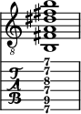  
<<
  %\override Score.BarLine.break-visibility = ##(#f #t #t)
  \time 1/1
    \new Staff  {
    \clef "treble_8"
        \once \override Staff.TimeSignature #'stencil = ##f
        <b, fis a dis' fis' b'>1
    }

     \new TabStaff {
       \override Stem #'transparent = ##t
       \override Beam #'transparent = ##t 
      <b,\6 fis\5 a\4 dis'\3 fis'\2 b'\1>1
  }
>>
